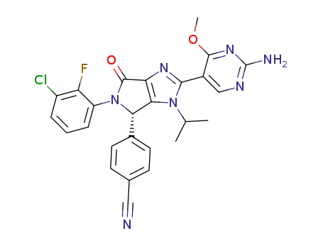 Molecular Structure of 1448867-81-9 (4-[(S)-2-(2-amino-4-methoxy-pyrimidin-5-yl)-5-(3-chloro-2-fluoro-phenyl)-3-isopropyl-6-oxo-3,4,5,6-tetrahydro-pyrrolo[3,4-d]imidazol-4-yl]-benzonitrile)