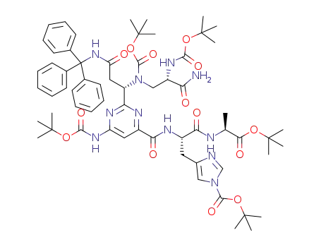 tert-butyl 4-((S)-3-(((S)-1-(tert-butyloxy)-1-oxopropan-2-yl)amino)-2-(2-((5S,8S)-6-(tertbutoxycarbonyl)-8-carbamoyl-12,12-dimethyl-3,10-dioxo-1,1,1-triphenyl-11-oxa-2,6,9-triazatridecan-5-yl)-6-((tert-butyloxycarbonyl)amino)pyrimidine-4-carboxamido)-3-oxopropyl)-1H-imidazole-1-carboxylate