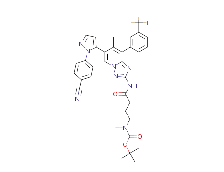 Molecular Structure of 1538609-66-3 ({3-[6-[2-(4-cyano-phenyl)-2H-pyrazol-3-yl]-7-methyl-8-(3-trifluoromethyl-phenyl)-[1,2,4]triazolo[1,5-a]pyridin-2-ylcarbamoyl]-propyl}-methyl-carbamic acid tert-butyl ester)