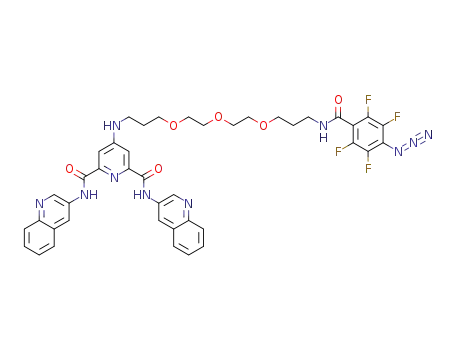 Molecular Structure of 1592668-58-0 (4-((1-(4-azido-2,3,5,6-tetrafluorophenyl)-1-oxo-6,9,12-trioxa-2-azapentadecan-15-yl)amino)-N<sub>2</sub>,N<sub>6</sub>-di(quinolin-3-yl)pyridine-2,6-dicarboxamide)