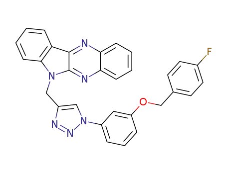 Molecular Structure of 1416261-16-9 (6-((1-(3-(4-fluorobenzyloxy)phenyl)-1H-1,2,3-triazol-4-yl)methyl)-6H-indolo[2,3-b]quinoxaline)