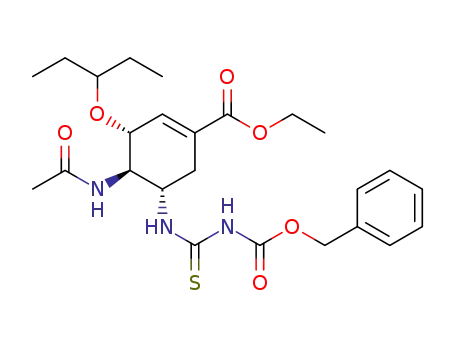 Molecular Structure of 1588477-08-0 ((3R,4R,5S)-ethyl 4-acetamido-5-(3-((benzyloxy)carbonyl)thioureido)-3-(pentan-3-yloxy)-cyclohex-1-enecarboxylate)