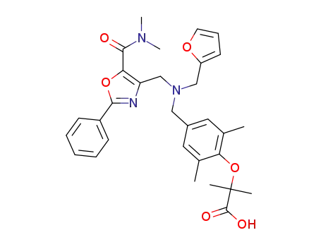 Molecular Structure of 1593269-85-2 (2-(4-{[{[2-phenyl-5-(dimethylcarbamoyl)-1,3-oxazol-4-yl] methyl}(furan-2-ylmethyl) amino] methyl}-2,6-dimethylphenoxy)-2-methylpropanoic acid)