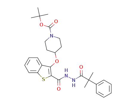Molecular Structure of 1581303-74-3 (tert-butyl 4-((2-(2-(2-methyl-2-phenylpropanoyl)hydrazinecarbonyl)benzo[b]thiophen-3-yl)oxy)piperidine-1-carboxylate)