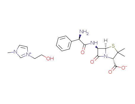 Molecular Structure of 1418122-71-0 (3-(2-hydroxyethyl)-1-methyl-1H-imidazol-3-ium 6-(2-amino-2-phenylacetamido)-3,3-dimethyl-7-oxo-4-thia-1-azabicyclo[3.2.0]heptane-2-carboxylate)