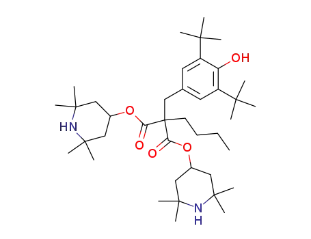 Molecular Structure of 63843-90-3 (Propanedioic acid,
[[3,5-bis(1,1-dimethylethyl)-4-hydroxyphenyl]methyl]butyl-,
bis(2,2,6,6-tetramethyl-4-piperidinyl) ester)