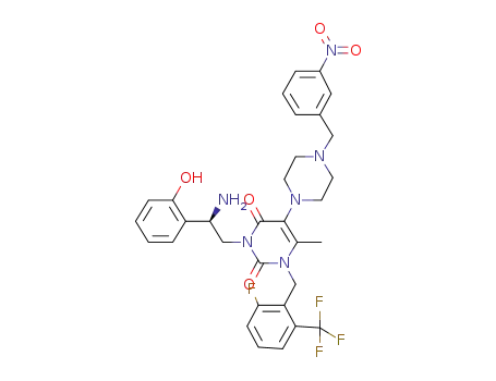 Molecular Structure of 1308379-59-0 (3-[(R)-2-amino-2-(2-hydroxy-phenyl)-ethyl]-1-(2-fluoro-6-trifluoromethyl-benzyl)-6-methyl-5-[4-(3-nitro-benzyl)-piperazin-1-yl]-1H-pyrimidine-2,4-dione)