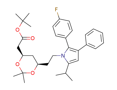 Molecular Structure of 1026685-96-0 (tert-butyl 2-((4R,6R)-6-(2-(2-(4-fluorophenyl)-5-isopropyl-3-phenyl-1H-pyrrol-1-yl)ethyl)-2,2-dimethyl-1,3-dioxan-4-yl)acetate)