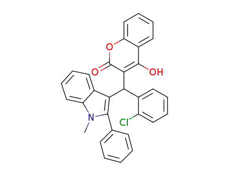 Molecular Structure of 1609076-44-9 (3-[(2-chlorophenyl)(1-methyl-2-phenyl-1H-indol-3-yl)-methyl]-4-hydroxy-2H-chromen-2-one)
