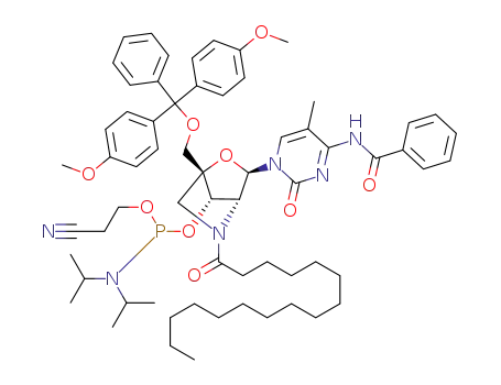 (1R,3R,4R,7S)-7-(2-cyanoethoxy(diisopropylamino)phosphinoxy)-1-(4,4'-dimethoxytrityloxymethyl)-5-(hexadecanoyl)-7-hydroxy-3-(4-N-benzoyl-5-methylcytosine-1-yl)-2-oxa-5-azabicyclo[2.2.1]heptane