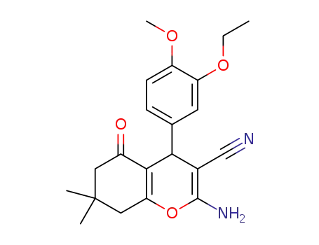 Molecular Structure of 309724-39-8 (2-amino-4-(3-ethoxy-4-methoxyphenyl)-7,7-dimethyl-5-oxo-5,6,7,8-tetrahydro-4H-chromene-3-carbonitrile)