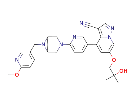 Molecular Structure of 2152628-33-4 (6-(2-hydroxy-2-methylpropoxy)-4-(6-(6-((6-methoxypyridin-3-yl)methyl)-3.6-diazabicyclo[3.1.1]heptan-3-yl)pyridin-3-yl)pyrazolo[1,5-a]pyridine-3-carbonitrile)