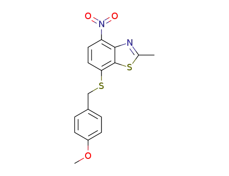 Molecular Structure of 1602770-00-2 (7-(4-methoxybenzylthio)-2-methyl-4-nitrobenzo[d]thiazole)