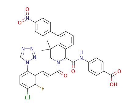 (E)-4-(2-(3-(3-chloro-2-fluoro-6-(1H-tetrazol-1-yl)phenyl)acryloyl)-4,4-dimethyl-5-(4-nitrophenyl)-1,2,3,4-tetrahydroisoquinoline-1-carboxamido)benzoic acid