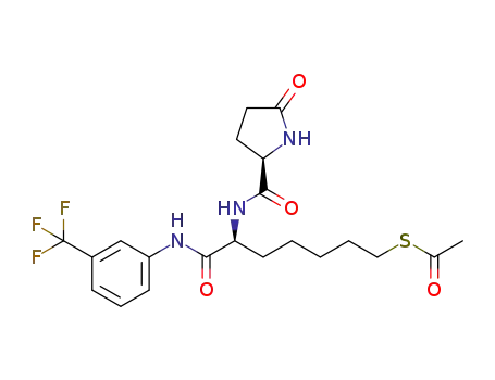 Molecular Structure of 1428535-89-0 (thioacetic acid S-[(S)-6-[((R)-5-oxo-pyrrolidine-2-carbonyl)-amino]-6-(3-trifluoromethyl-phenylcarbamoyl)-hexyl] ester)