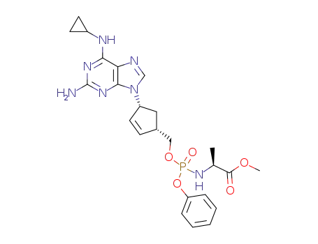Molecular Structure of 261909-26-6 (methyl ((((1S,4R)-4-(2-amino-6-(cyclopropyl-amino)-9H-purin-9-yl)cyclopent-2-en-1-yl)methoxy)(phenoxy)phosphoryl)-L-alaninate)