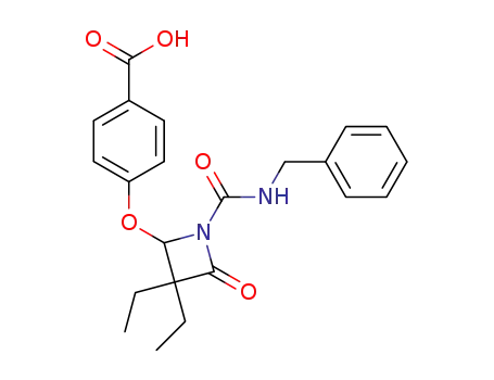 Molecular Structure of 143818-53-5 (4-((4-carboxyphenyl)oxy)-3,3-diethyl-1-(((phenylmethyl)amino)carbonyl)-2-azetidinone)