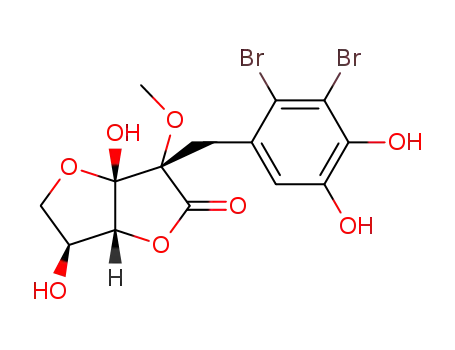 Molecular Structure of 100676-08-2 (3-(2,3-dibromo-4,5-dihydroxybenzyl)-3a,6-dihydroxy-3-methoxytetrahydrofuro[3,2-b]furan-2(3H)-one (non-preferred name))