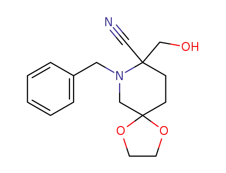 Molecular Structure of 132462-35-2 (7-Benzyl-8-hydroxymethyl-1,4-dioxa-7-aza-spiro[4.5]decane-8-carbonitrile)
