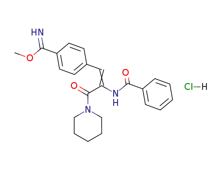 Molecular Structure of 90290-99-6 (Benzenecarboximidic acid,
4-[2-(benzoylamino)-3-oxo-3-(1-piperidinyl)-1-propenyl]-, methyl ester,
monohydrochloride)