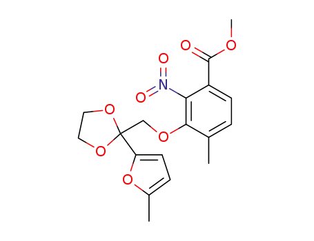 Molecular Structure of 81805-44-9 (methyl 4-methyl-3-<2-(5-methyl)furoyl>methoxy-2-nitrobenzoate ethylene acetal)