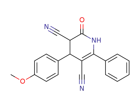Molecular Structure of 78482-14-1 (3,5-Pyridinedicarbonitrile,
1,2,3,4-tetrahydro-4-(4-methoxyphenyl)-2-oxo-6-phenyl-)
