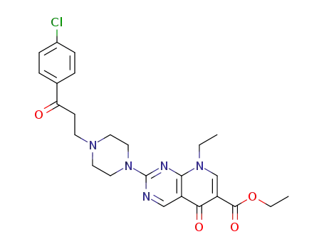 Molecular Structure of 68689-97-4 (2-{4-[3-(4-Chloro-phenyl)-3-oxo-propyl]-piperazin-1-yl}-8-ethyl-5-oxo-5,8-dihydro-pyrido[2,3-d]pyrimidine-6-carboxylic acid ethyl ester)