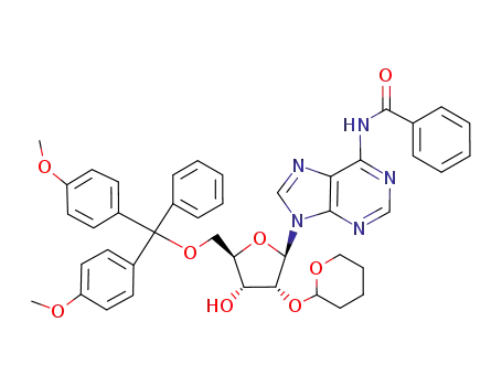 Molecular Structure of 71933-61-4 (Adenosine,
N-benzoyl-5'-O-[bis(4-methoxyphenyl)phenylmethyl]-2'-O-(tetrahydro-2H
-pyran-2-yl)-)