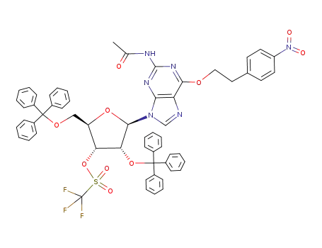 2-N-Acetyl-6-O-((4-nitrophenyl)ethyl)-9-(2,5-di-O-trityl-3-O-triflyl-β-D-ribofuranosyl)guanine