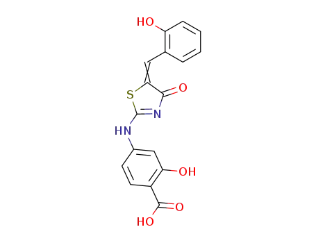 Molecular Structure of 81060-00-6 (2-Hydroxy-4-{5-[1-(2-hydroxy-phenyl)-meth-(Z)-ylidene]-4-oxo-4,5-dihydro-thiazol-2-ylamino}-benzoic acid)