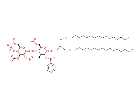 Molecular Structure of 127542-23-8 (3-(hexadecylthio)-2-<(hexadecylthio)methyl>propyl 6-O-acetyl-3-deoxy-3C-methyl-4-O-(2,3,4,6-tetra-O-acetyl-β-D-galactopyranosyl)-β-D-glucopyranoside)