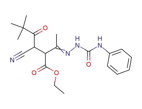 Molecular Structure of 141810-78-8 (Hexanoic acid,
3-cyano-5,5-dimethyl-4-oxo-2-[1-[[(phenylamino)carbonyl]hydrazono]eth
yl]-, ethyl ester)