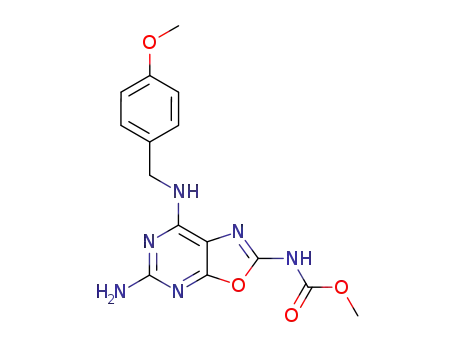 Molecular Structure of 156917-41-8 (Carbamic acid,
[5-amino-7-[[(4-methoxyphenyl)methyl]amino]oxazolo[5,4-d]pyrimidin-2-
yl]-, methyl ester)
