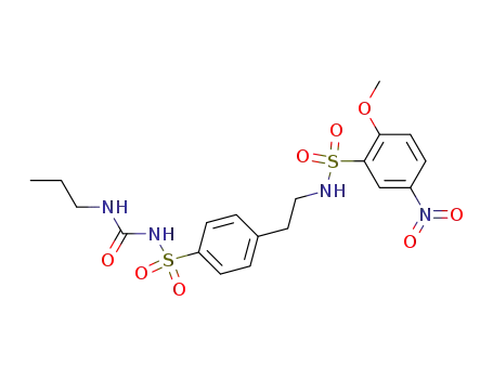 Molecular Structure of 81514-28-5 (2-methoxy-5-nitro-N-(2-{4-[(propylcarbamoyl)sulfamoyl]phenyl}ethyl)benzenesulfonamide)