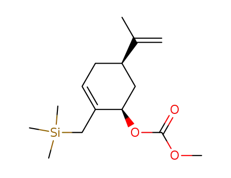 Molecular Structure of 94348-84-2 (Carbonic acid, methyl
(1R,5R)-5-(1-methylethenyl)-2-[(trimethylsilyl)methyl]-2-cyclohexen-1-yl
ester, rel-)