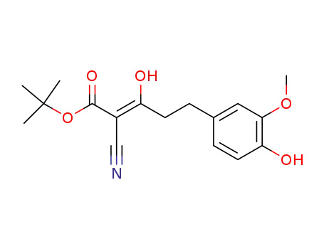 Molecular Structure of 91827-14-4 (2-Pentenoic acid, 2-cyano-3-hydroxy-5-(4-hydroxy-3-methoxyphenyl)-,
1,1-dimethylethyl ester)
