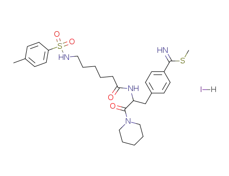 Molecular Structure of 93236-04-5 (4-{3-Oxo-3-piperidin-1-yl-2-[6-(toluene-4-sulfonylamino)-hexanoylamino]-propyl}-thiobenzimidic acid methyl ester; hydriodide)