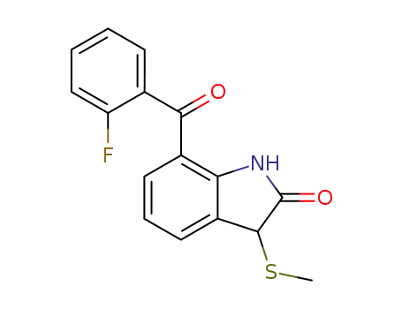 Molecular Structure of 77534-14-6 (2H-Indol-2-one, 7-(2-fluorobenzoyl)-1,3-dihydro-3-(methylthio)-)