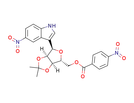 Molecular Structure of 79063-62-0 (4-Nitro-benzoic acid (3aR,4R,6R,6aS)-2,2-dimethyl-6-(5-nitro-1H-indol-3-yl)-tetrahydro-furo[3,4-d][1,3]dioxol-4-ylmethyl ester)