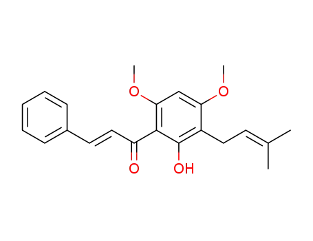 Molecular Structure of 62820-10-4 ((E)-1-[2-Hydroxy-4,6-dimethoxy-3-(3-methyl-2-butenyl)phenyl]-3-phenyl-2-propen-1-one)
