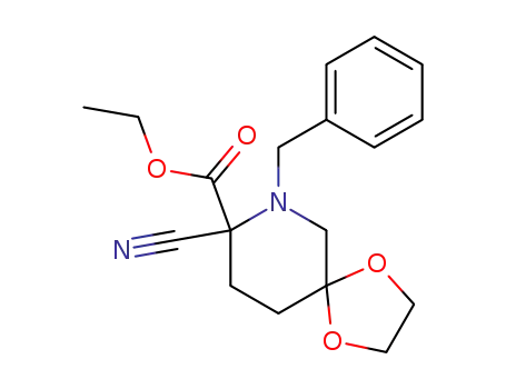 Molecular Structure of 132462-34-1 (1-Benzyl-5,5-(ethylenedioxy)-2-(2-ethoxycarbonyl)-2-piperidinecarbonitrile)