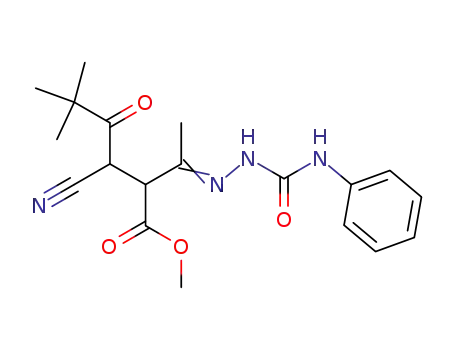Molecular Structure of 141810-77-7 (Hexanoic acid,
3-cyano-5,5-dimethyl-4-oxo-2-[1-[[(phenylamino)carbonyl]hydrazono]eth
yl]-, methyl ester)