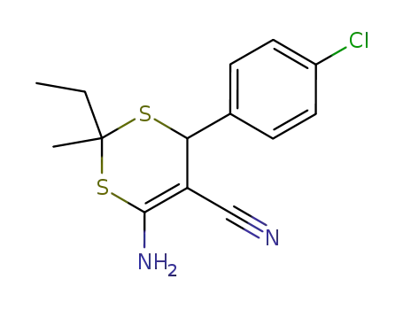 Molecular Structure of 94639-10-8 (4H-1,3-Dithiin-5-carbonitrile,
6-amino-4-(4-chlorophenyl)-2-ethyl-2-methyl-)