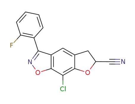 Molecular Structure of 90247-24-8 (8-chloro-6-cyano-5,6-dihydro-3-(o-fluorophenyl)furo[3,2-f]-1,2-benzisoxazole-6-carboxamide)