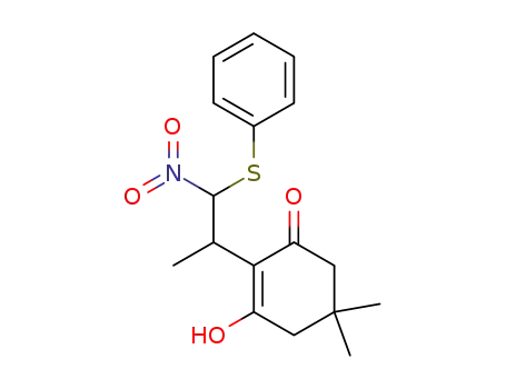 Molecular Structure of 69477-90-3 (3-Hydroxy-5,5-dimethyl-2-(1-methyl-2-nitro-2-phenylsulfanyl-ethyl)-cyclohex-2-enone)