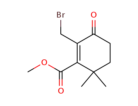 Molecular Structure of 51799-97-4 (1-Cyclohexene-1-carboxylic acid, 2-(bromomethyl)-6,6-dimethyl-3-oxo-,
methyl ester)