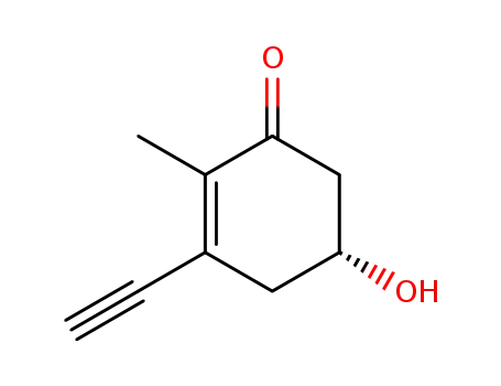 Molecular Structure of 169305-41-3 (2-Cyclohexen-1-one, 3-ethynyl-5-hydroxy-2-methyl-, (R)- (9CI))