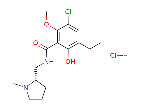 Molecular Structure of 101536-80-5 (3-chloro-5-ethyl-6-hydroxy-2-methoxy-N-{[(2S)-1-methylpyrrolidin-2-yl]methyl}benzamide hydrochloride)