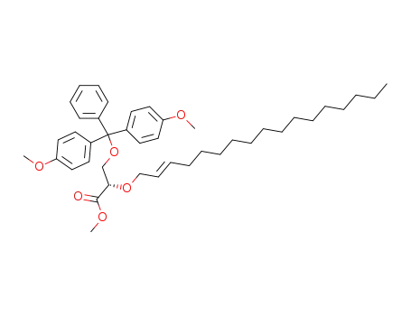Molecular Structure of 402856-10-4 (Propanoic acid,
3-[bis(4-methoxyphenyl)phenylmethoxy]-2-[(2E)-2-heptadecenyloxy]-,
methyl ester, (2S)-)