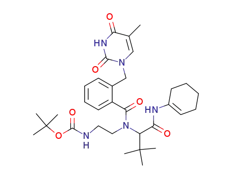 Molecular Structure of 255736-71-1 (rac-2-[(2-tert-butyloxycarbonyl-aminoethyl)-(2-thymin-methyl-benzoyl)-amino]-3,3-dimethyl-butyric acid-(cyclohexen-1-yl)-amide)